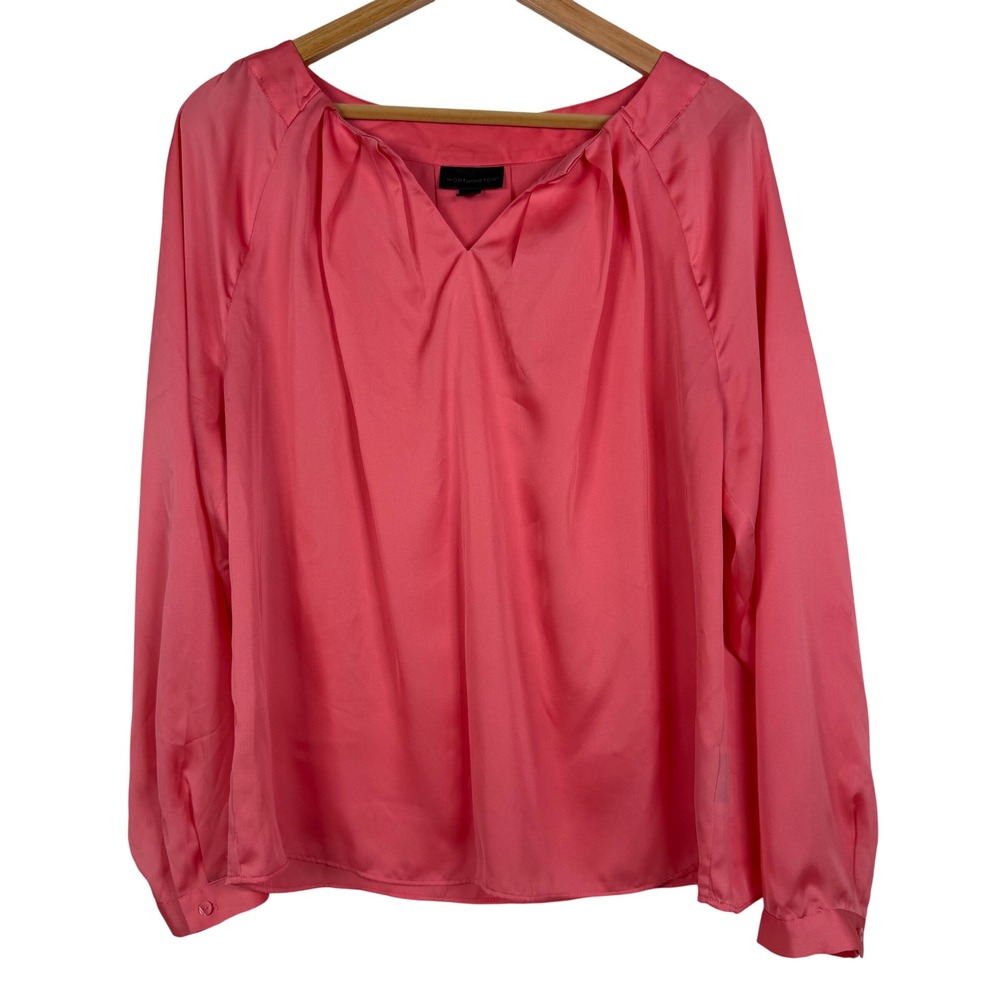 Worthington Blouse Womens XL Pink Satin V-Neck Long Sleeve Pleated Top A-679